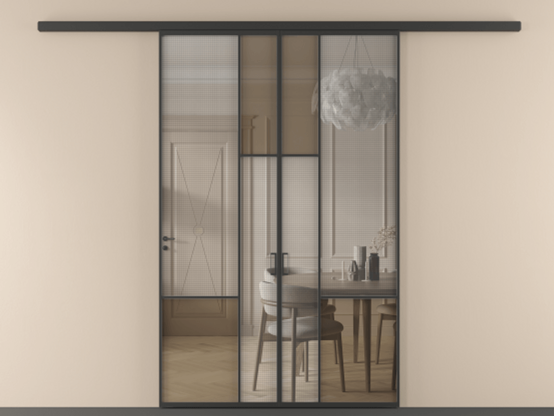 Перегородка Mosaic вдоль стены двустворчатая АЛПР 041.13 Алюминий Черный Декоративное стекло с сеткой "Mesh silver", триплекс, 6 мм + Прозрачное бронзовое стекло, триплекс. Скрытый короб ЧЕР Цена 54014240 so'm . Фабрика дверей Волховец 8 (800) 551 43 19 Перегородка Mosaic вдоль стены двустворчатая АЛПР 041.13 Алюминий Черный Декоративное стекло с сеткой "Mesh silver", триплекс, 6 мм + Прозрачное бронзовое стекло, триплекс Цена 54014240 so'm | Volhovec