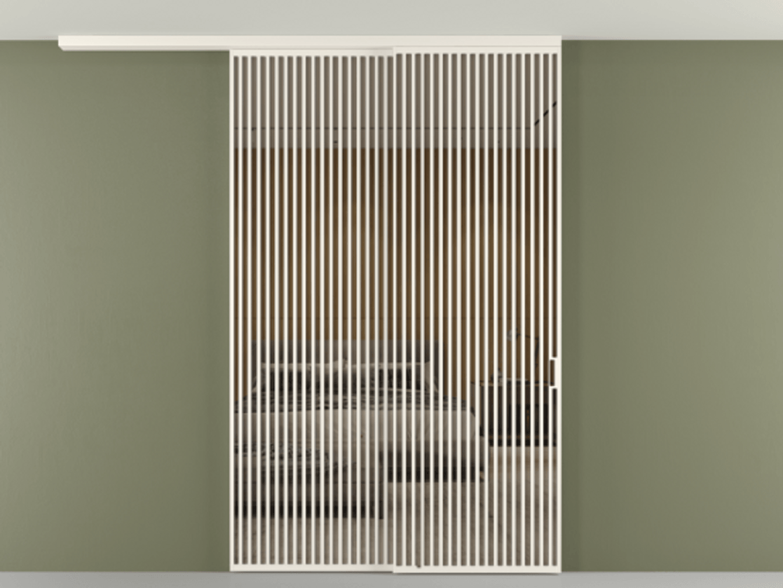 Перегородка Формато вдоль стены на потолок 2 створки с синхронным механизмом АЛПР 040.06 Алюминий пудровый белый Рефлективное бронзовое стекло "Стопсол", калёное Цена 110151860 so'm | Volhovec