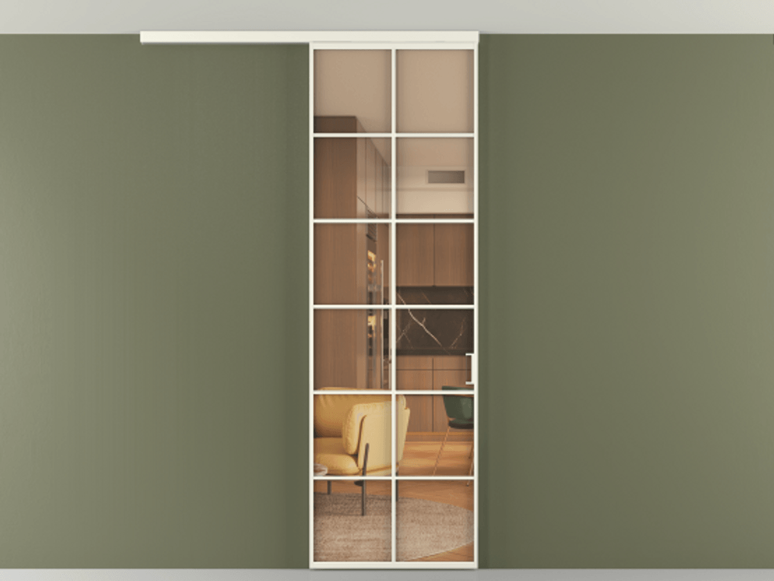 Перегородка Формато вдоль стены на потолок 1 створка АЛПР 040.05 Алюминий жемчужный Прозрачное оранжевое стекло, триплекс Цена 20968450 so'm | Volhovec