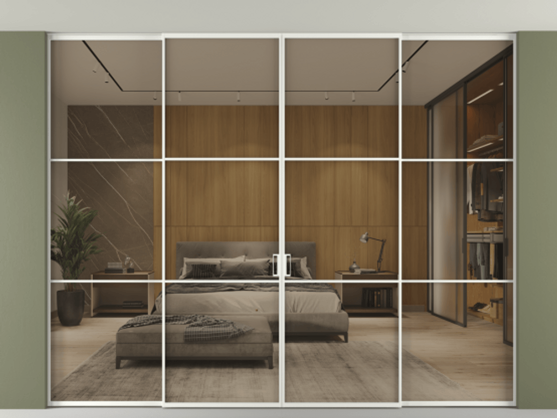 Перегородка Формато внутри проёма скрытое крепление в потолок 4 створки АЛПР 040.03 Алюминий светло-серый Рефлективное бронзовое стекло "Стопсол", калёное Цена 112693420 so'm | Volhovec