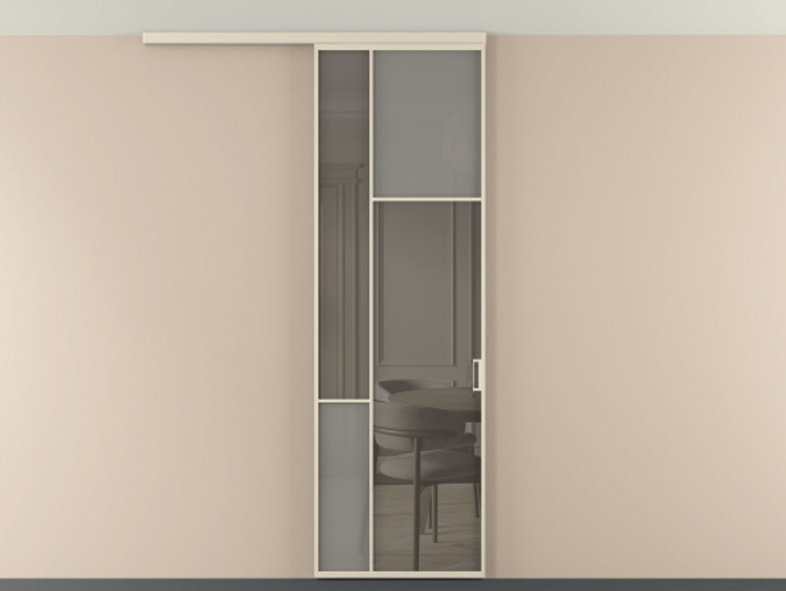 Перегородка Мозаик вдоль стены на потолок 1 створка АЛПР 041.11 Алюминий бежево-серый Сатинированное серое стекло, триплекс, 6 мм + Прозрачное серое стекло, триплекс Цена 27413120 so'm | Volhovec