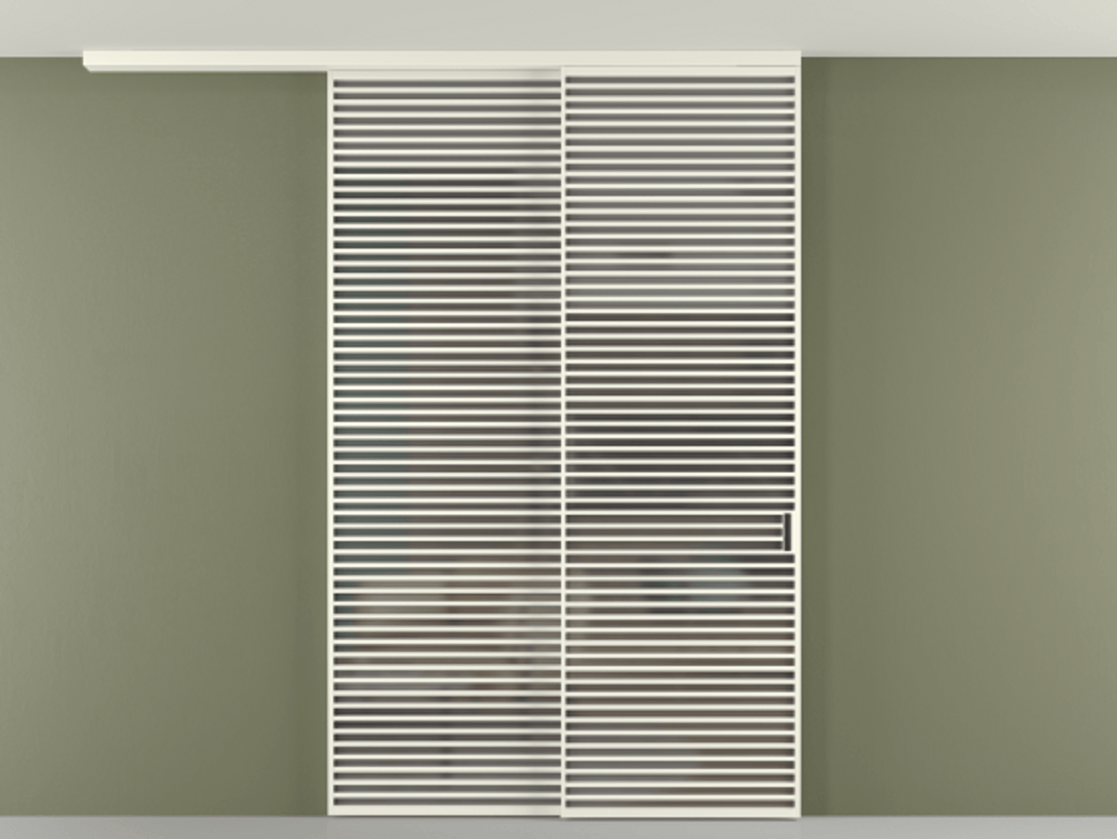 Перегородка Формато вдоль стены на потолок 2 створки с синхронным механизмом АЛПР 040.07 Алюминий жемчужный Сатинированное серое стекло, триплекс Цена 91442570 so'm | Volhovec