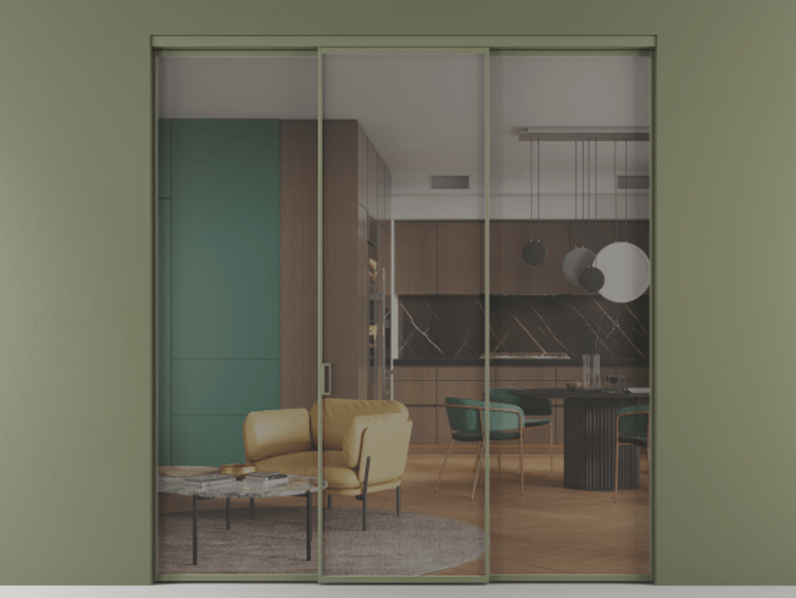 Перегородка Formato внутри проёма 3 створки АЛПР 040.01 Алюминий оливковый тёмный Прозрачное серое стекло, триплекс Цена 45700380 so'm | Volhovec