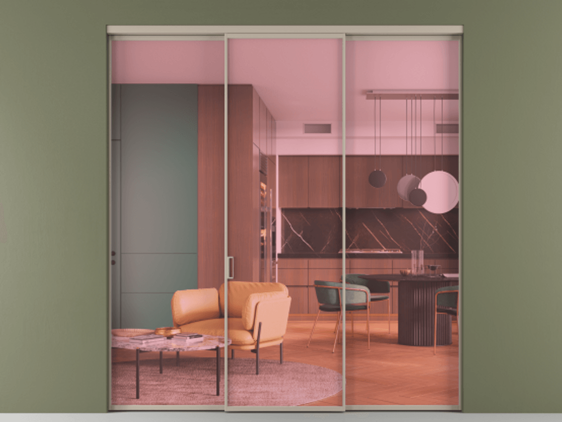 Перегородка Formato внутри проёма 3 створки АЛПР 040.01 Алюминий бисквитный Прозрачное розовое стекло, триплекс Цена 45700380 so'm | Volhovec