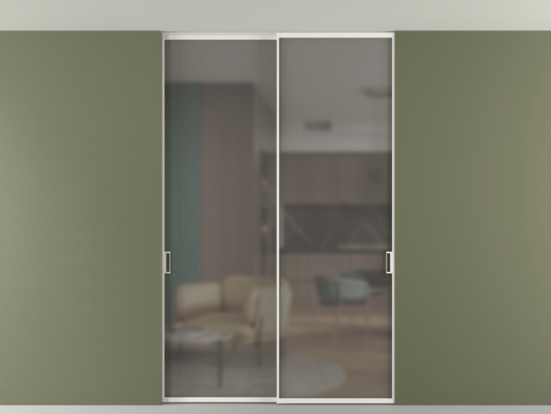 Перегородка Формато внутри проёма скрытое крепление в потолок 2 створки АЛПР 040.01 Алюминий светло-серый Сатинированное серое стекло, триплекс Цена 48578920 so'm | Volhovec