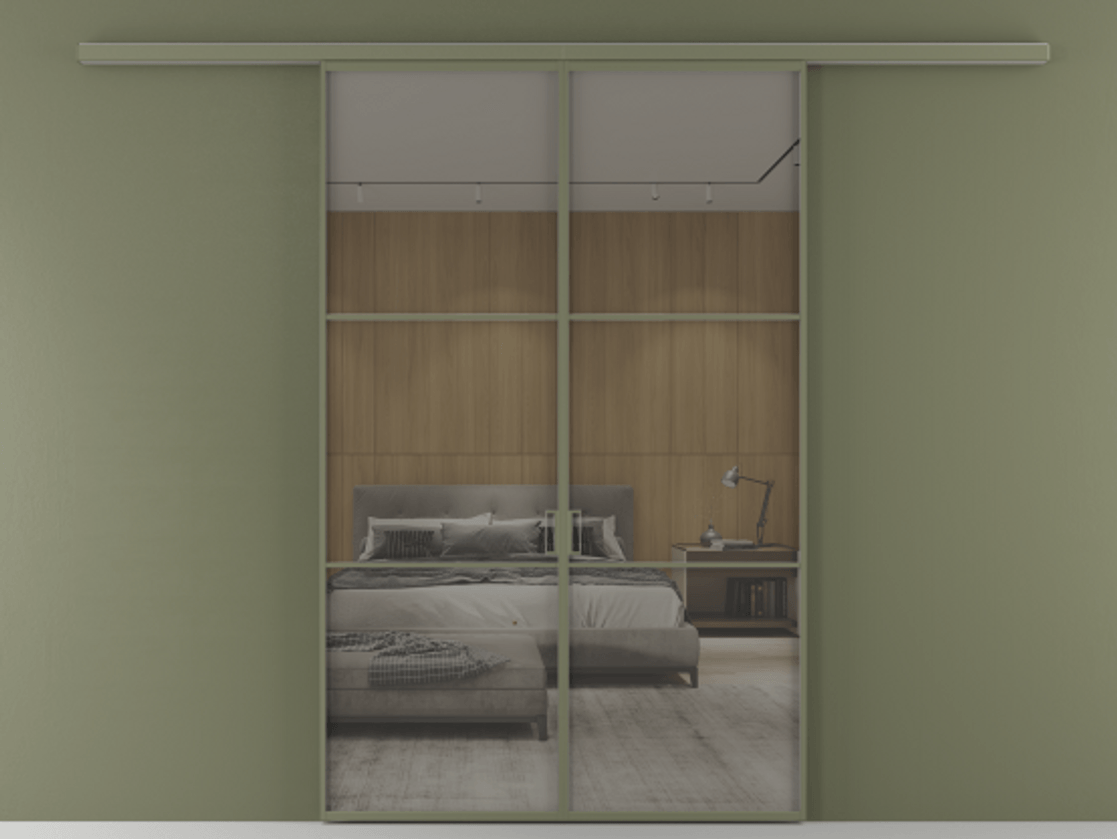 Перегородка Формато вдоль стены 2 створки АЛПР 040.03 Алюминий оливковый тёмный Рефлективное серое стекло "Стопсол", калёное Цена 50547000 so'm | Volhovec