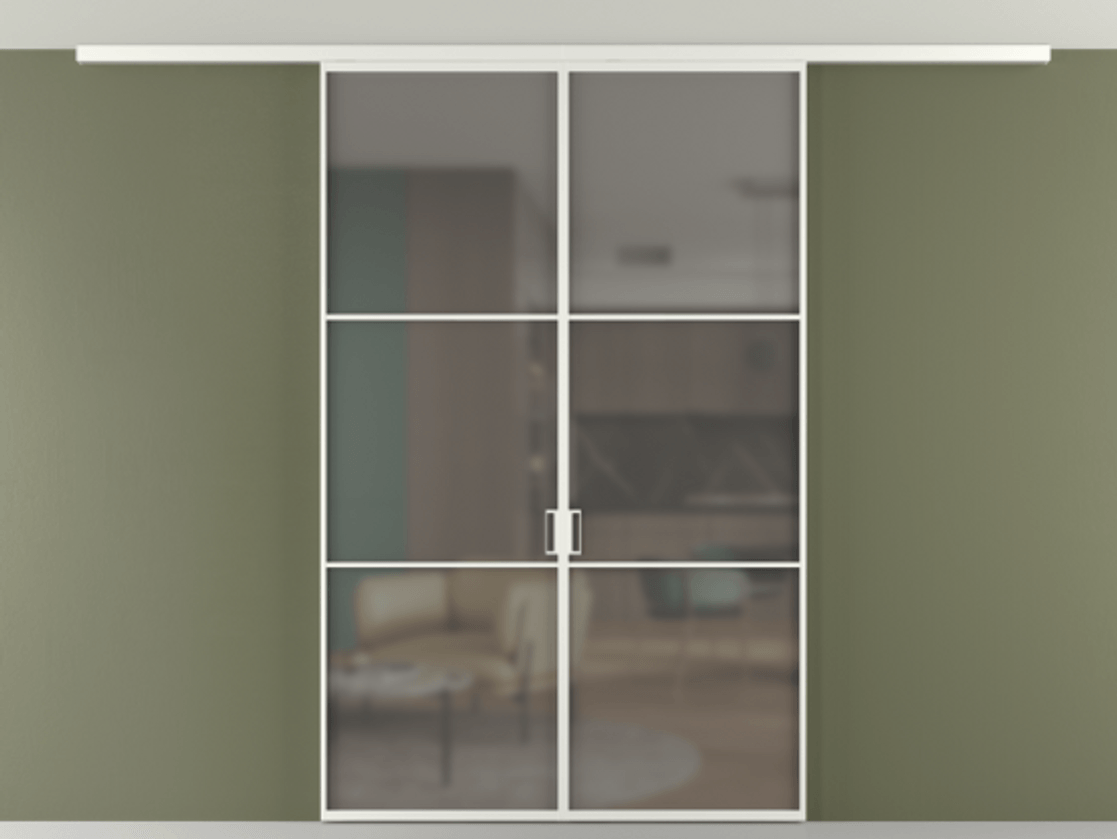 Перегородка Формато вдоль стены на потолок 2 створки АЛПР 040.03 Алюминий светло-серый Сатинированное серое стекло, триплекс Цена 46267760 so'm | Volhovec