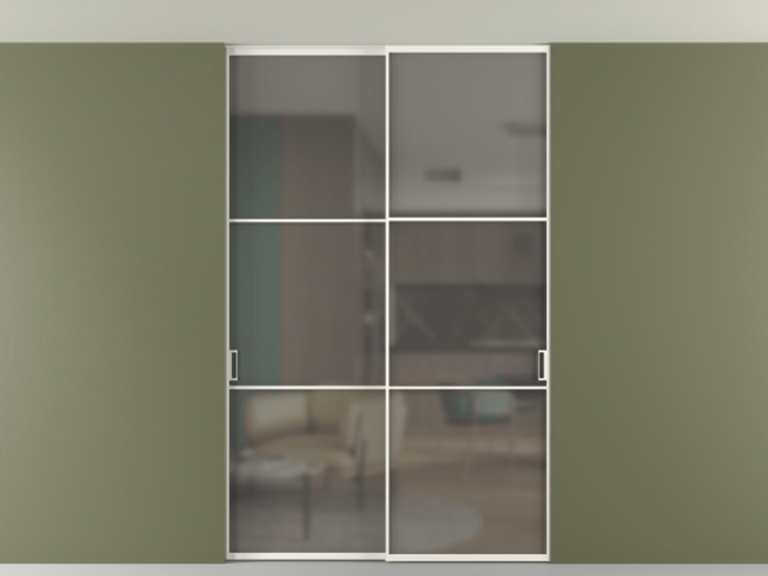 Перегородка Formato внутри проёма скрытое крепление в потолок 2 створки АЛПР 040.03 Алюминий пудровый белый Сатинированное серое стекло, триплекс Цена 50387650 so'm | Volhovec