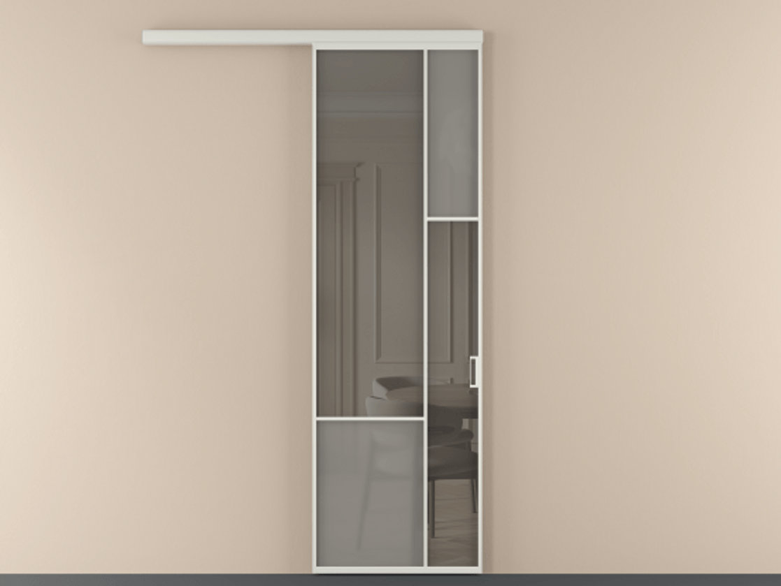 Перегородка Мозаик вдоль стены 1 створка АЛПР 041.12 Алюминий Белый Сатинированное серое стекло, триплекс, 6 мм + Прозрачное серое стекло, триплекс Цена 26672170 so'm | Volhovec