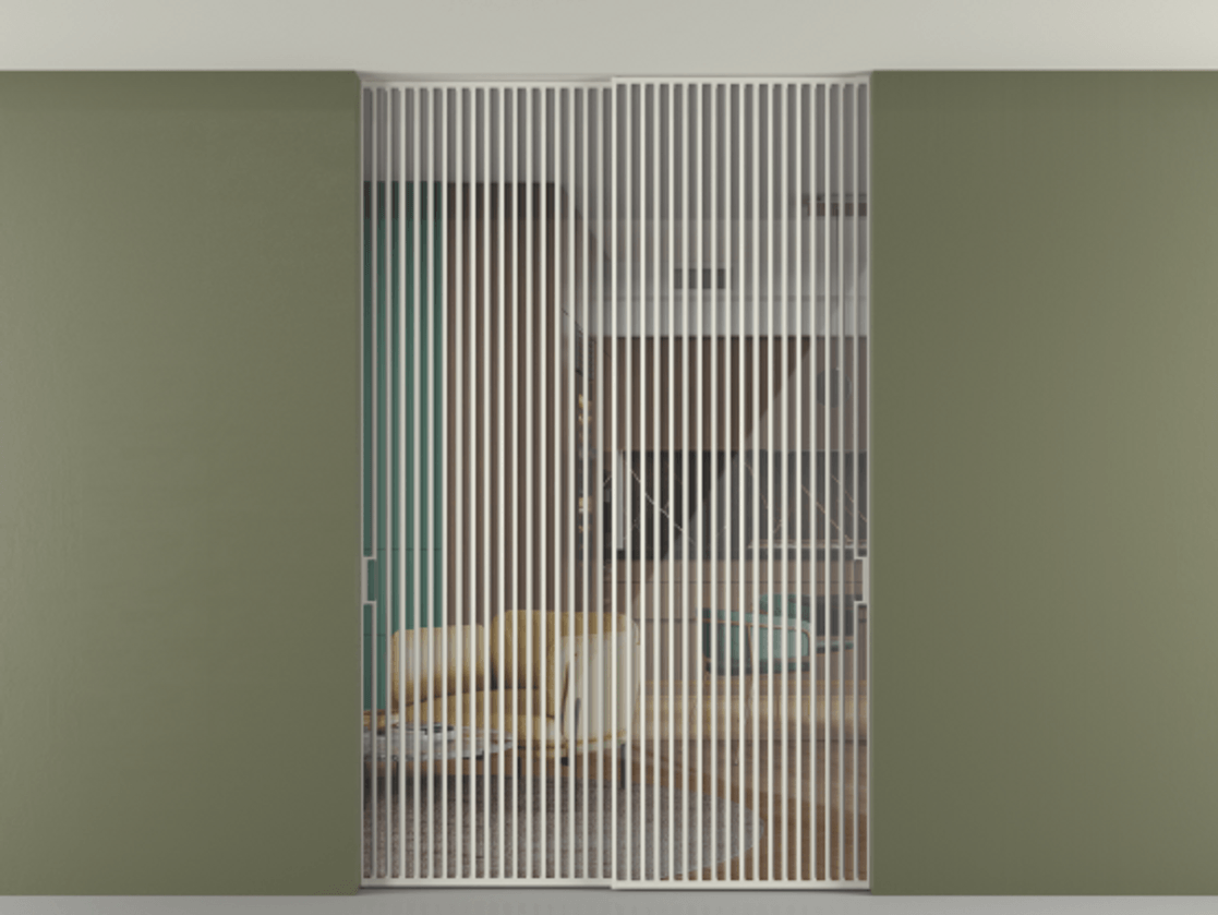 Перегородка Формато внутри проёма скрытое крепление в потолок 2 створки АЛПР 040.06 Алюминий Белый Рефлективное прозрачное стекло "Стопсол", калёное Цена 102080580 so'm | Volhovec