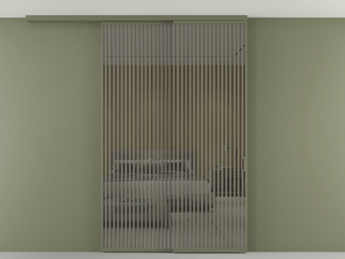 Перегородка Формато вдоль стены на потолок 2 створки с синхронным механизмом АЛПР 040.06 Алюминий оливковый тёмный Рефлективное серое стекло "Стопсол", калёное Цена 94040970 so'm | Volhovec