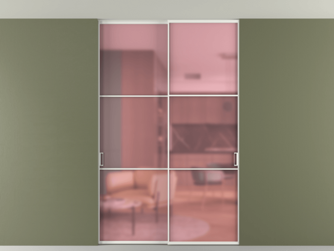 Перегородка Formato внутри проёма скрытое крепление в потолок 2 створки АЛПР 040.03 Алюминий светло-серый Сатинированное розовое стекло, триплекс Цена 50387650 so'm | Volhovec