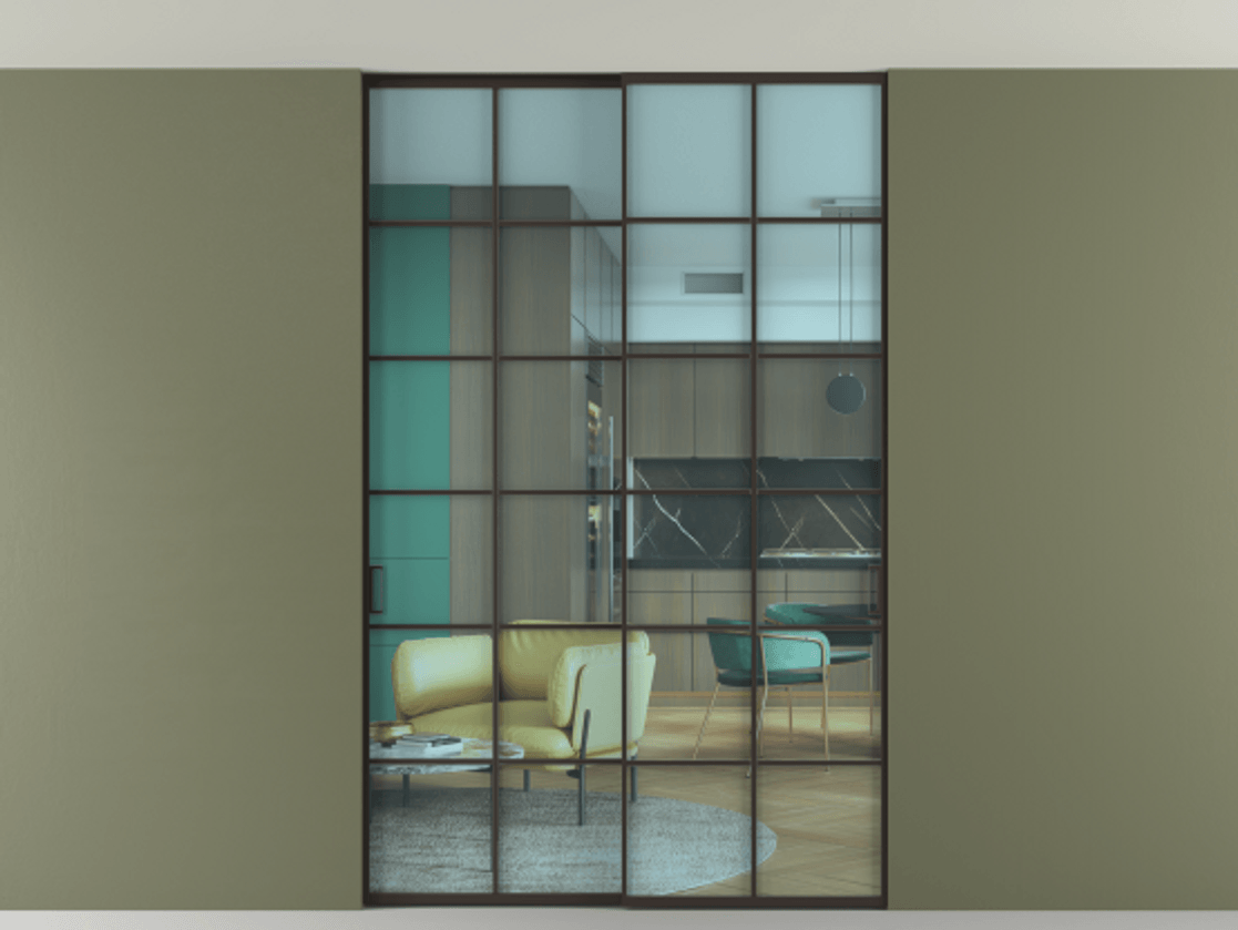 Перегородка Formato внутри проёма скрытое крепление в потолок 2 створки АЛПР 040.05 Алюминий антрацит Прозрачное голубое стекло, триплекс Цена 54851470 so'm | Volhovec