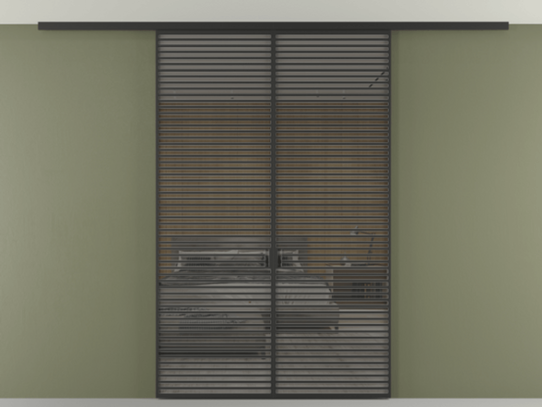 Перегородка Формато вдоль стены на потолок 2 створки АЛПР 040.07 Алюминий Черный Рефлективное серое стекло "Стопсол", калёное Цена 89352480 so'm | Volhovec