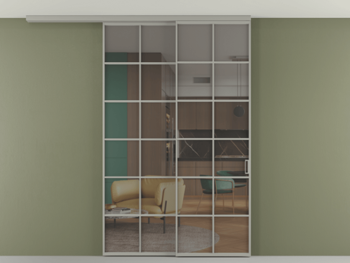 Перегородка Формато вдоль стены на потолок 2 створки с синхронным механизмом АЛПР 040.05 Алюминий нейтральный серый Прозрачное серое стекло, триплекс Цена 59215910 so'm | Volhovec