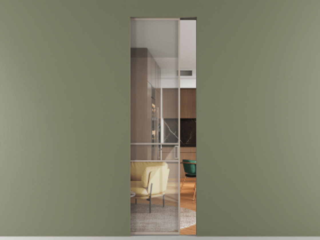 Перегородка Формато скрытый пенал 1 створка АЛПР 040.02 Алюминий бисквитный Рефлективное прозрачное стекло "Стопсол", калёное Цена 34136480 so'm | Volhovec