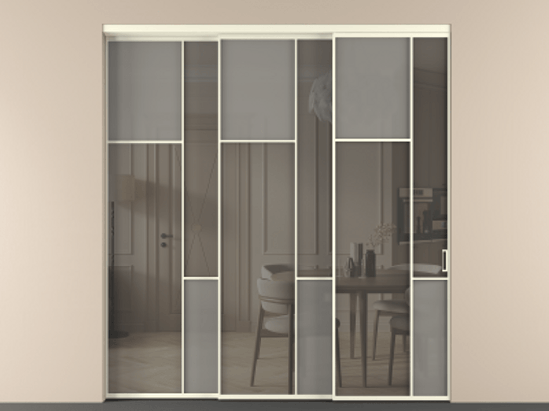 Перегородка Мозаик внутри проёма 3 створки с синхронным механизмом АЛПР 041.10 Алюминий молочно-белый Сатинированное серое стекло, триплекс, 6 мм + Прозрачное серое стекло, триплекс Цена 88790170 so'm | Volhovec