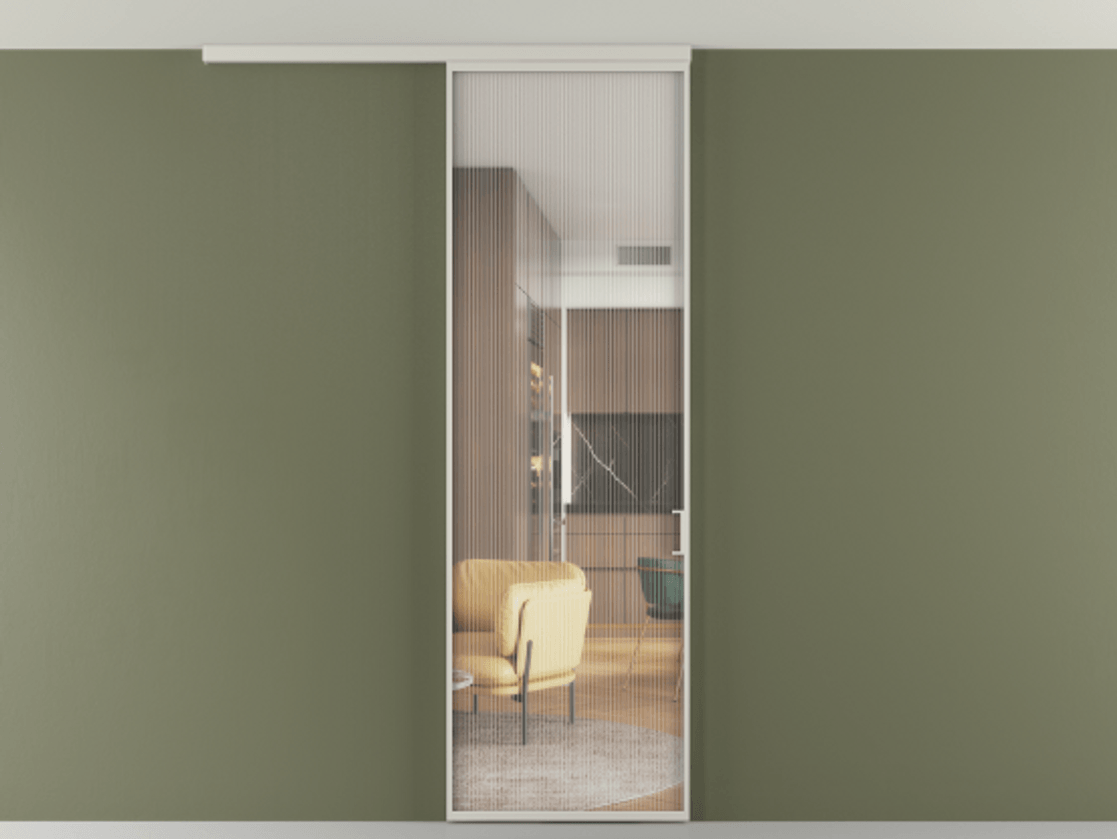 Перегородка Формато вдоль стены на потолок 1 створка АЛПР 040.01 Алюминий тёплый серый Рифлёное стекло "Мору", триплекс Цена 19975810 so'm | Volhovec