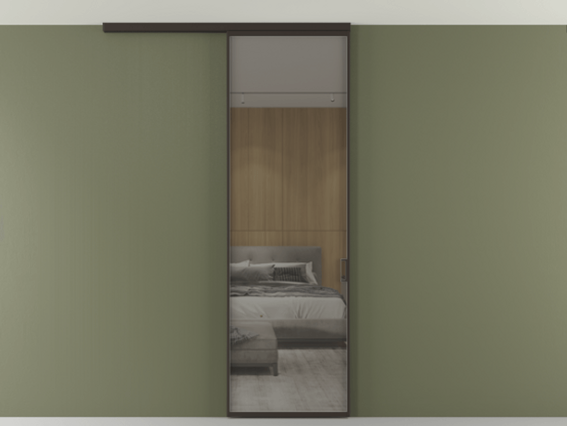 Перегородка Формато вдоль стены на потолок 1 створка АЛПР 040.01 Алюминий антрацит Рефлективное серое стекло "Стопсол", калёное Цена 24272710 so'm | Volhovec