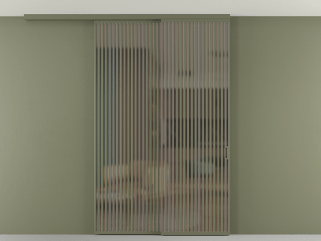 Перегородка Формато вдоль стены на потолок 2 створки с синхронным механизмом АЛПР 040.06 Алюминий оливковый тёмный Сатинированное бронзовое стекло, триплекс Цена 91442570 so'm | Volhovec