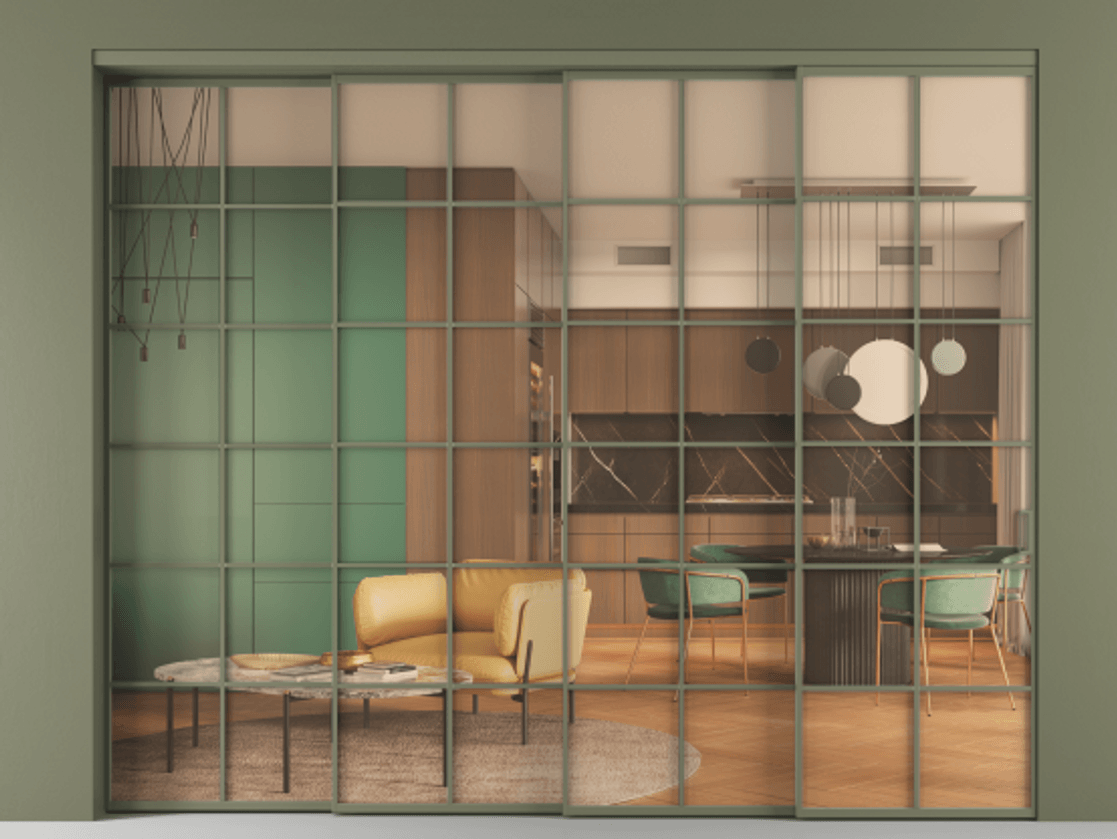 Перегородка Formato внутри проёма 4 створки с синхронным механизмом АЛПР 040.05 Алюминий оливковый тёмный Прозрачное оранжевое стекло, триплекс Цена 99202040 so'm | Volhovec