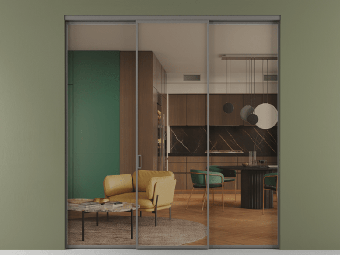 Перегородка Formato внутри проёма 3 створки АЛПР 040.01 Алюминий классический серый Прозрачное бронзовое стекло, триплекс Цена 45700380 so'm | Volhovec