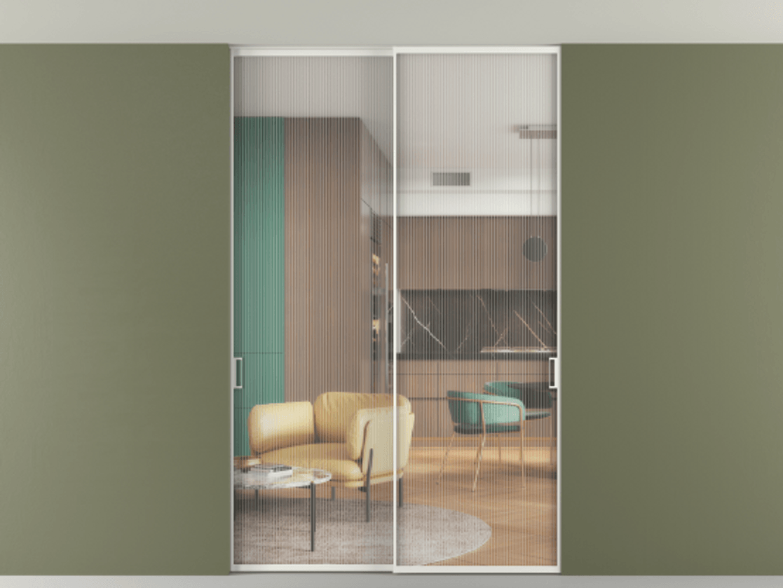 Перегородка Formato внутри проёма скрытое крепление в потолок 2 створки АЛПР 040.01 Алюминий светло-серый Рифлёное стекло "Moru", триплекс Цена 51014920 so'm | Volhovec