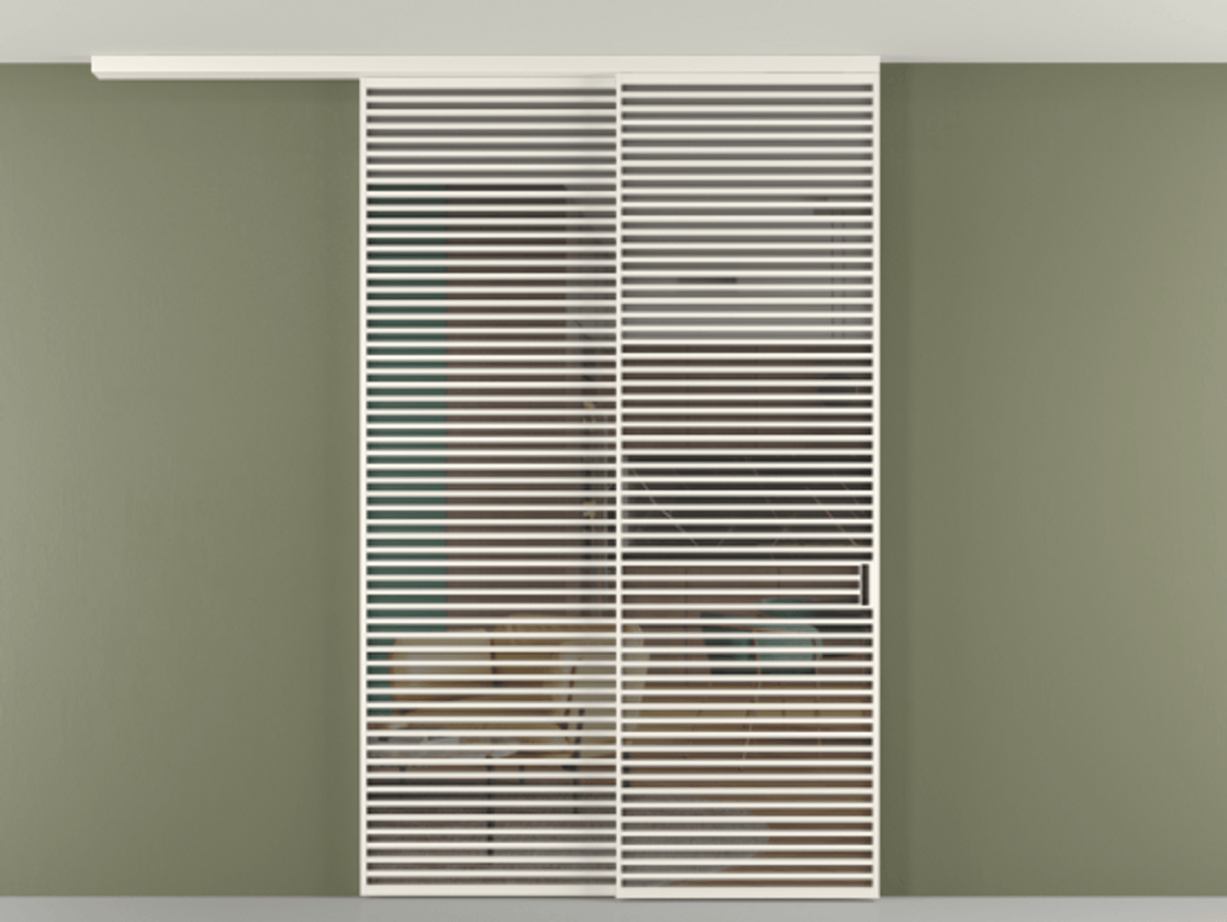 Перегородка Формато вдоль стены на потолок 2 створки с синхронным механизмом АЛПР 040.07 Алюминий пудровый белый Прозрачное серое стекло, триплекс Цена 106903860 so'm | Volhovec