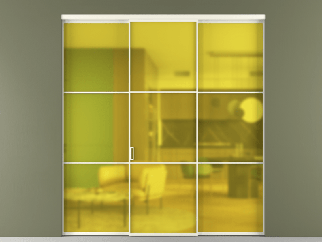 Перегородка Formato внутри проёма 3 створки АЛПР 040.03 Алюминий жемчужный Сатинированное жёлтое стекло, триплекс Цена 48166830 so'm | Volhovec