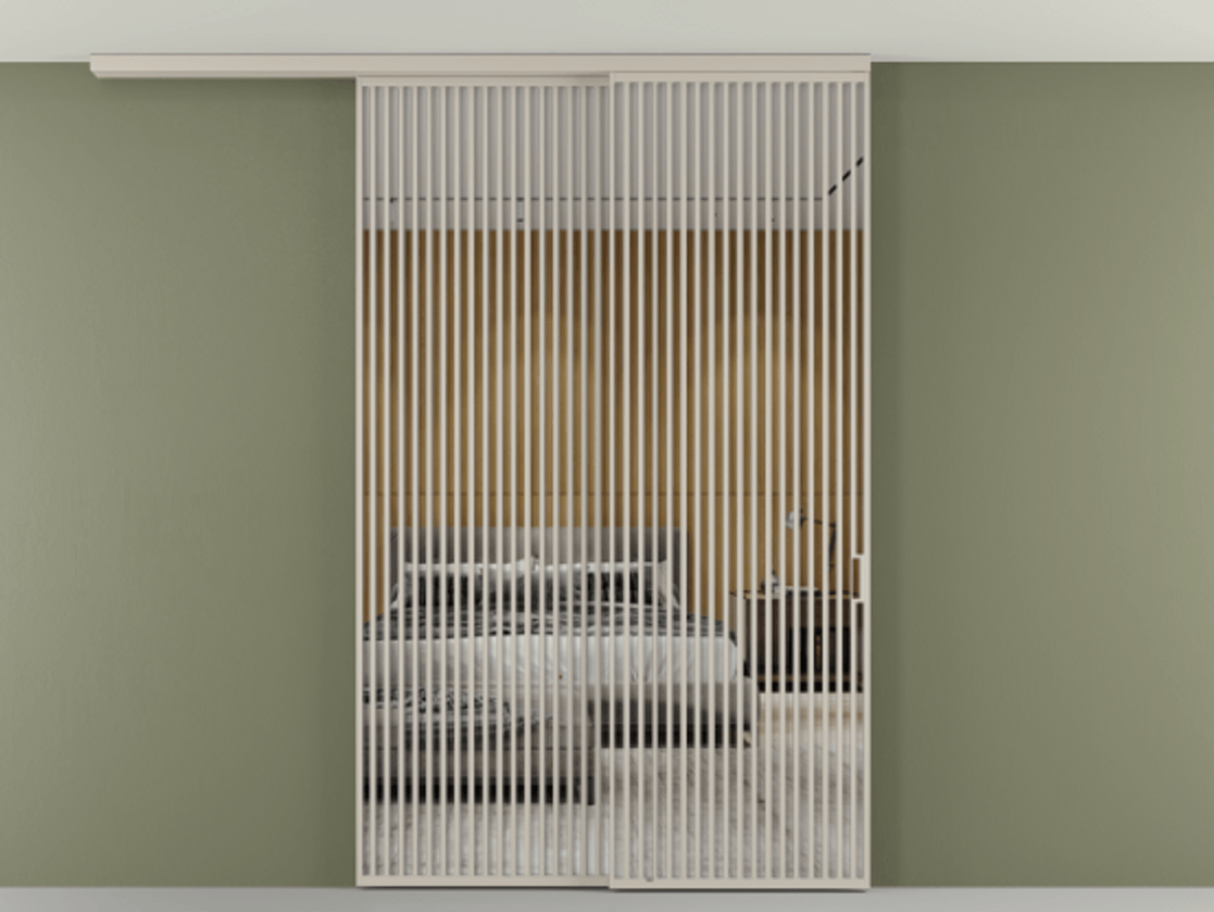 Перегородка Формато вдоль стены на потолок 2 створки с синхронным механизмом АЛПР 040.06 Алюминий светло-бежевый Двустороннее зеркало, триплекс , триплекс 6 мм Цена 91442570 so'm | Volhovec