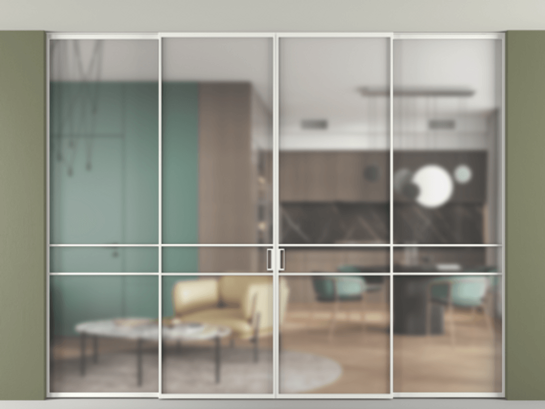 Перегородка Формато внутри проёма скрытое крепление в потолок 4 створки АЛПР 040.02 Алюминий светло-серый Сатинированное стекло "Мателюкс Кристал Вижн", калёное, матовое, каленое 6 мм Цена 555140 ₽ | Volhovec