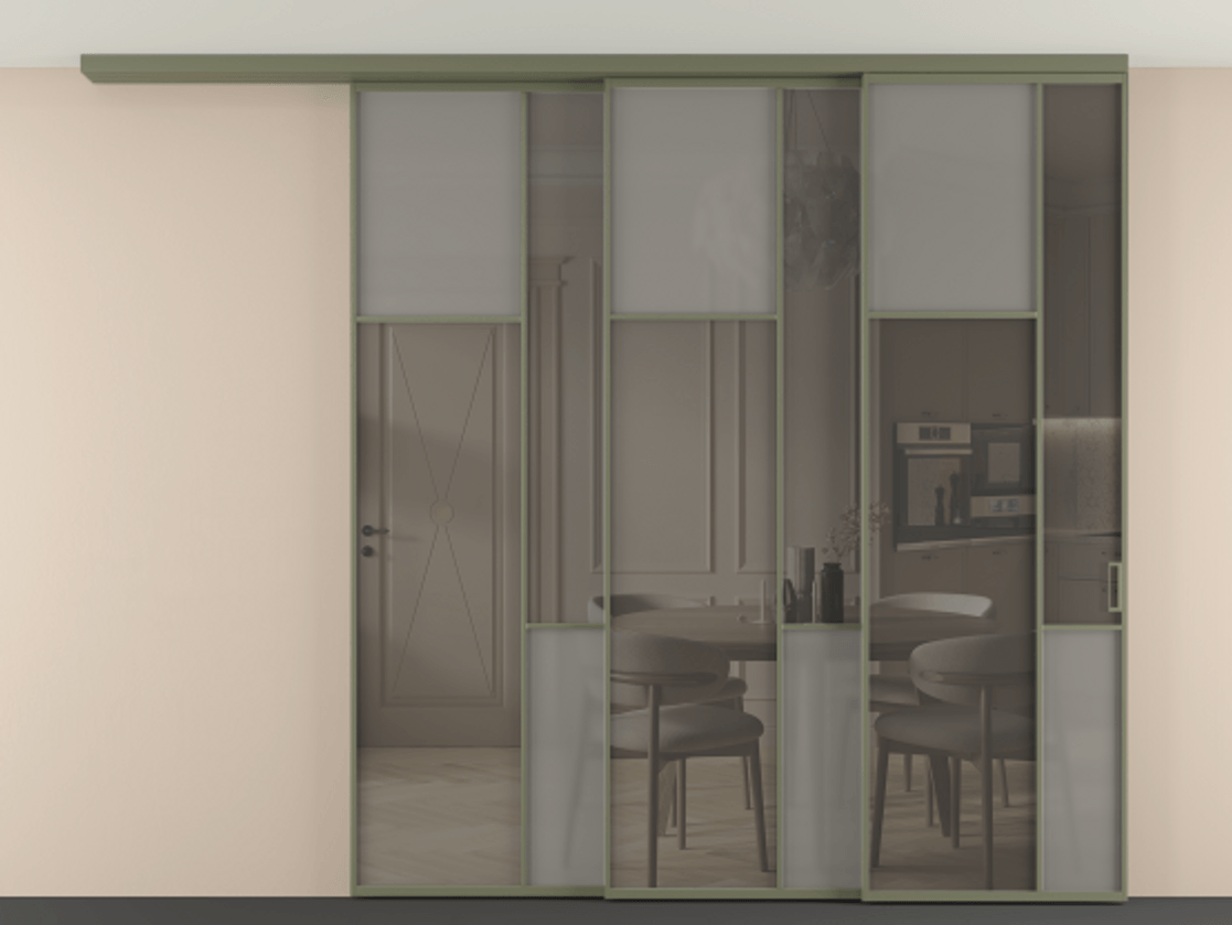 Перегородка Mosaic вдоль стены на потолок 3 створки с синхронным механизмом АЛПР 041.10 Алюминий оливковый тёмный Сатинированное серое стекло, триплекс, 6 мм + Прозрачное серое стекло, триплекс Цена 101199560 so'm | Volhovec