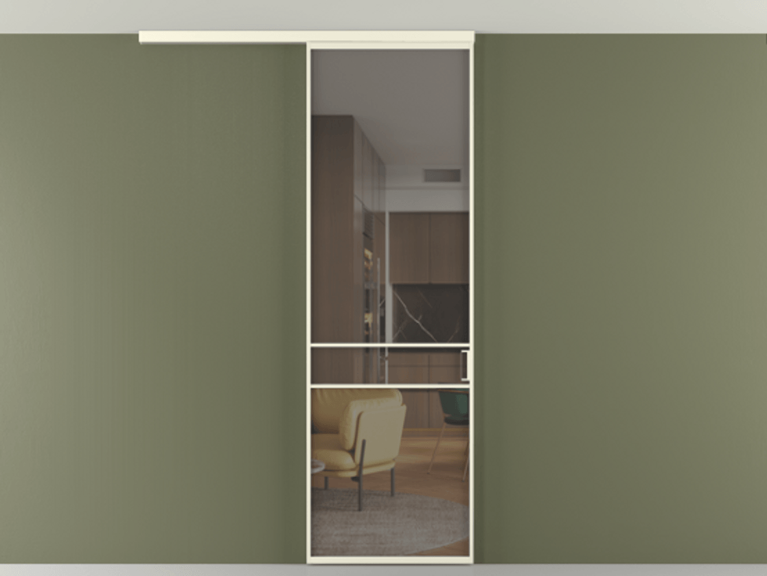 Перегородка Формато вдоль стены на потолок 1 створка АЛПР 040.02 Алюминий молочно-белый Прозрачное серое стекло, триплекс Цена 19662170 so'm | Volhovec