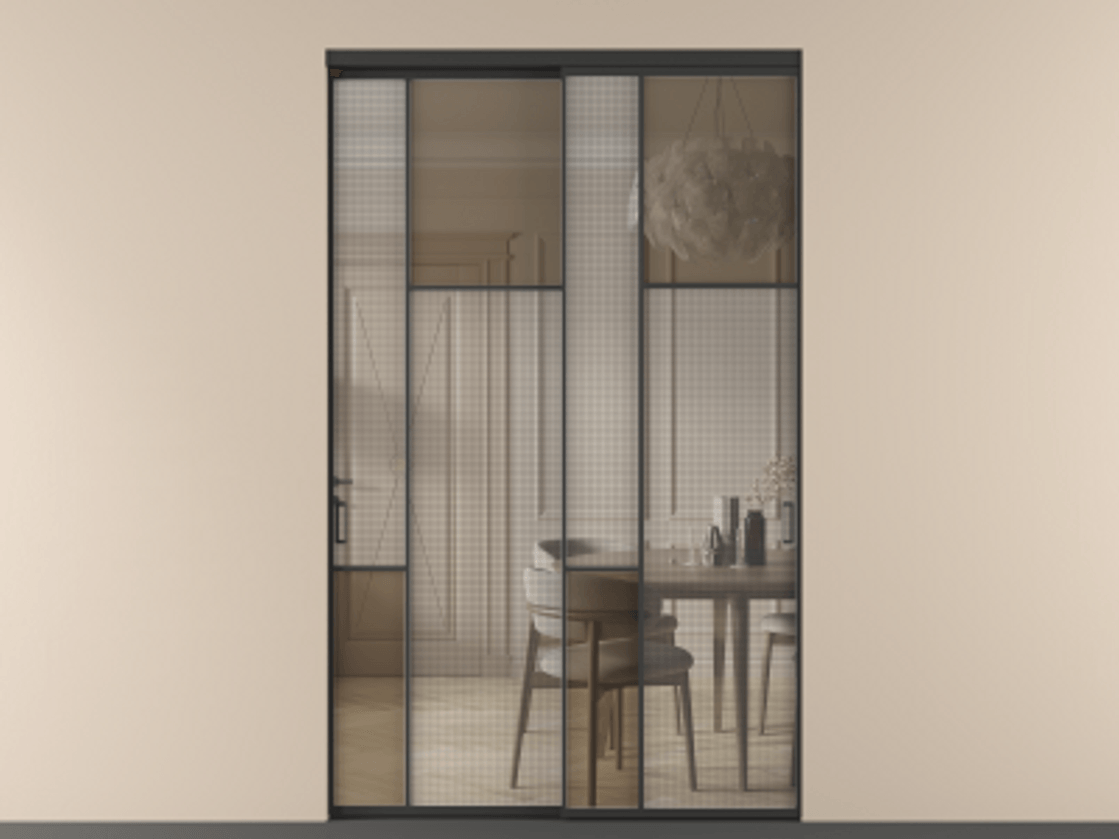 Перегородка Mosaic внутри проёма двустворчатая АЛПР 041.11 Алюминий Черный Mesh silver + Бронза прозрачное триплекс Цена 46722480 so'm | Volhovec