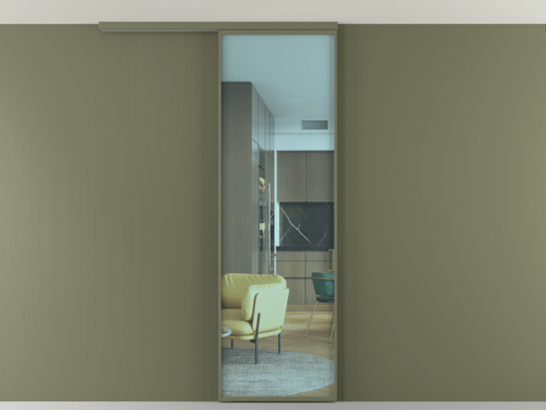 Перегородка Формато вдоль стены на потолок 1 створка АЛПР 040.01 Алюминий оливковый тёмный Прозрачное голубое стекло, триплекс Цена 18757780 so'm | Volhovec