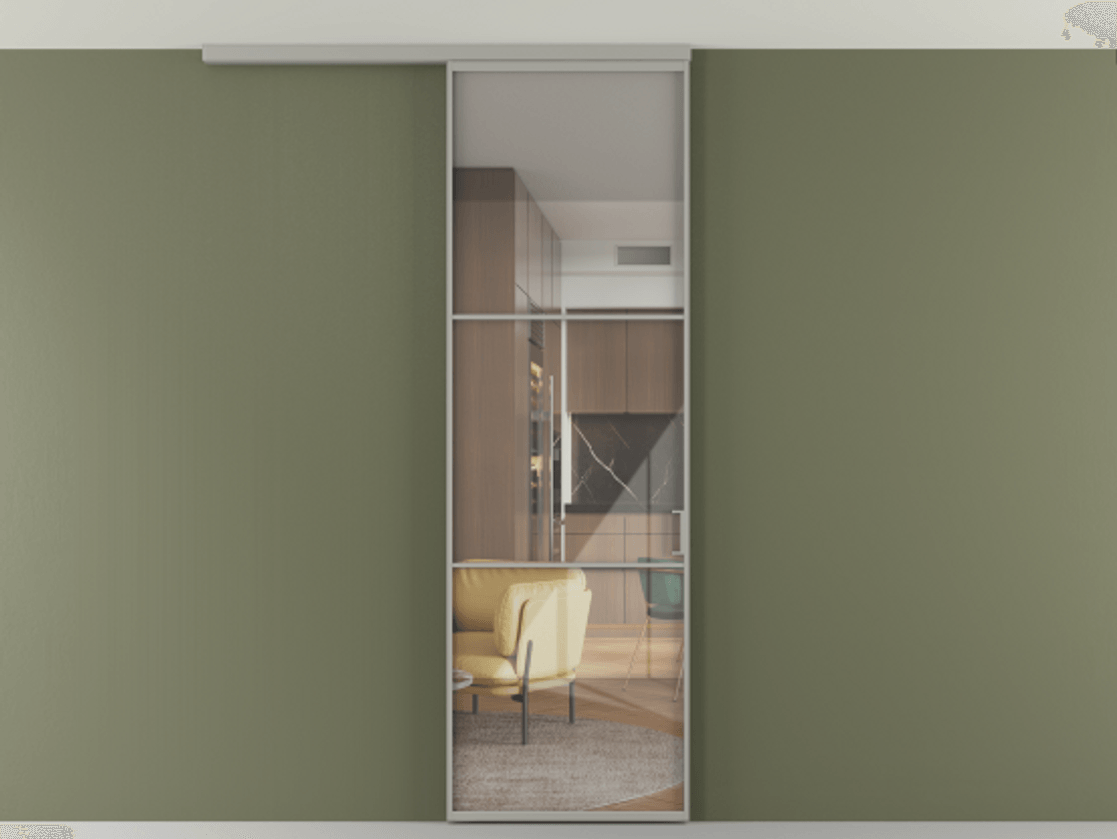 Перегородка Формато вдоль стены на потолок 1 створка АЛПР 040.03 Алюминий нейтральный серый Рефлективное прозрачное стекло "Стопсол", калёное Цена 21799760 so'm | Volhovec