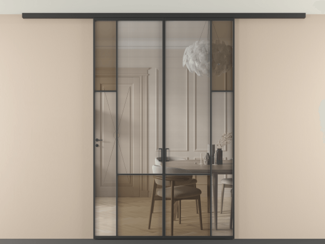 Перегородка Mosaic вдоль стены на потолок двустворчатая АЛПР 041.12 Алюминий Черный Декоративное стекло с сеткой "Mesh silver", триплекс, 6 мм + Прозрачное бронзовое стекло, триплекс, 6 мм Цена 249920 ₽ | Volhovec