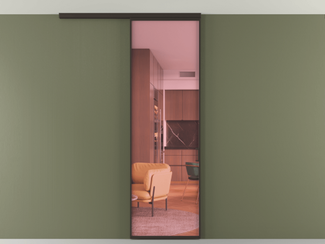 Перегородка Формато вдоль стены на потолок 1 створка АЛПР 040.01 Алюминий антрацит Прозрачное розовое стекло, триплекс Цена 18757780 so'm | Volhovec