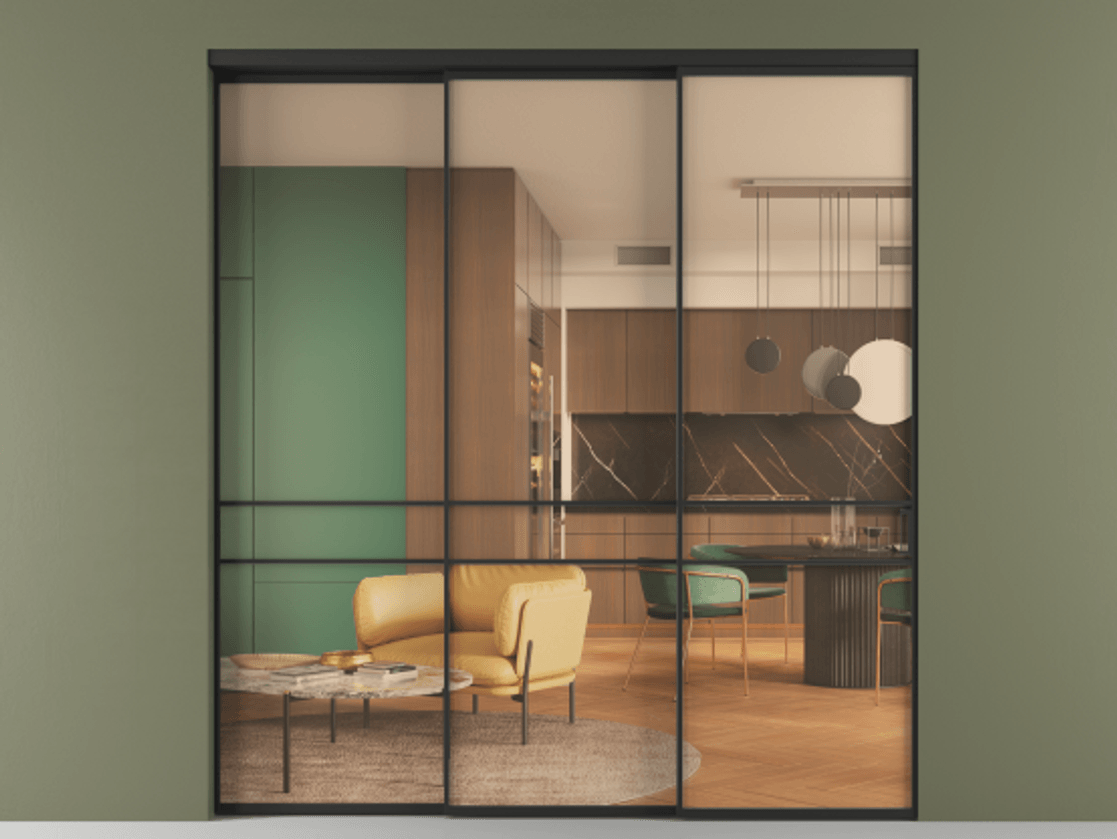 Перегородка Формато внутри проёма 3 створки с синхронным механизмом АЛПР 040.02 Алюминий Черный Прозрачное оранжевое стекло, триплекс Цена 66705800 so'm  | Volhovec