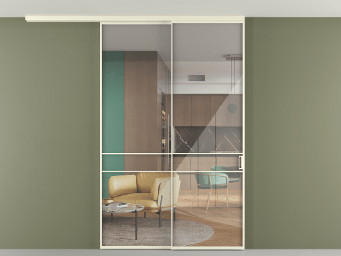 Перегородка Формато вдоль стены на потолок 2 створки с синхронным механизмом АЛПР 040.02 Алюминий молочно-белый Рефлективное прозрачное стекло "Стопсол", калёное Цена 290776 ₽ | Volhovec