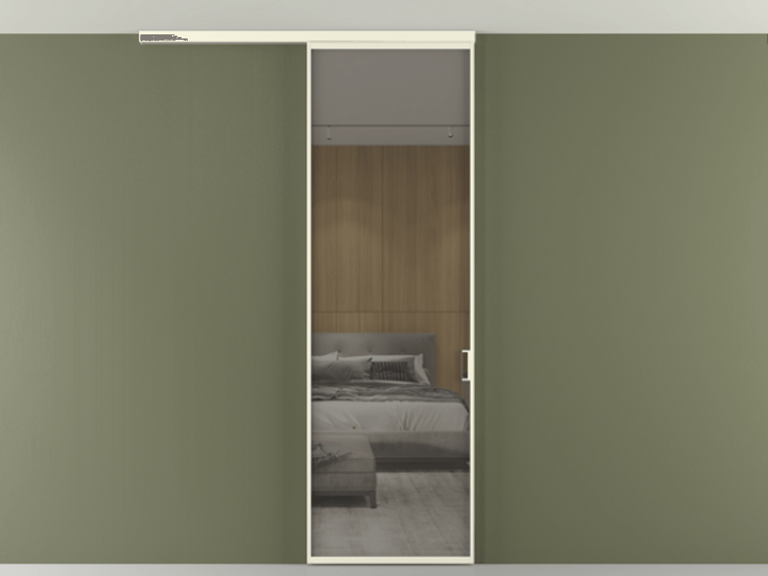 Перегородка Формато вдоль стены на потолок 1 створка АЛПР 040.01 Алюминий молочно-белый Рефлективное серое стекло "Стопсол", калёное Цена 24272710 so'm | Volhovec