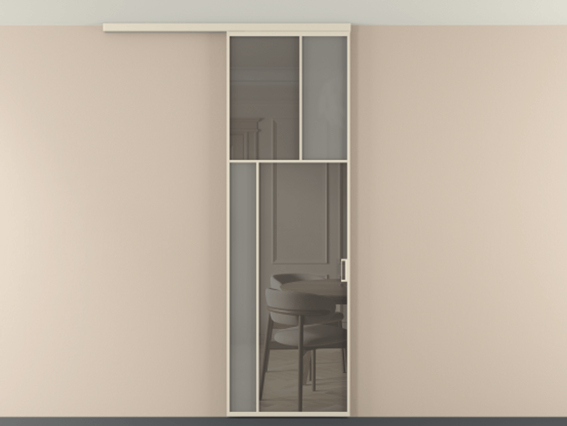 Перегородка Мозаик вдоль стены на потолок 1 створка АЛПР 041.22 Алюминий бежево-серый Сатинированное серое стекло, триплекс, 6 мм + Прозрачное серое стекло, триплекс Цена 27413120 so'm | Volhovec