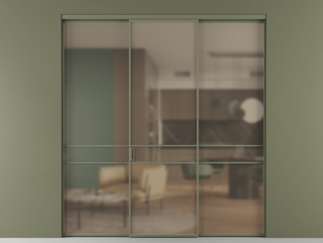 Перегородка Formato внутри проёма 3 створки АЛПР 040.02 Алюминий оливковый тёмный Сатинированное бронзовое стекло, триплекс Цена 48166830 so'm | Volhovec