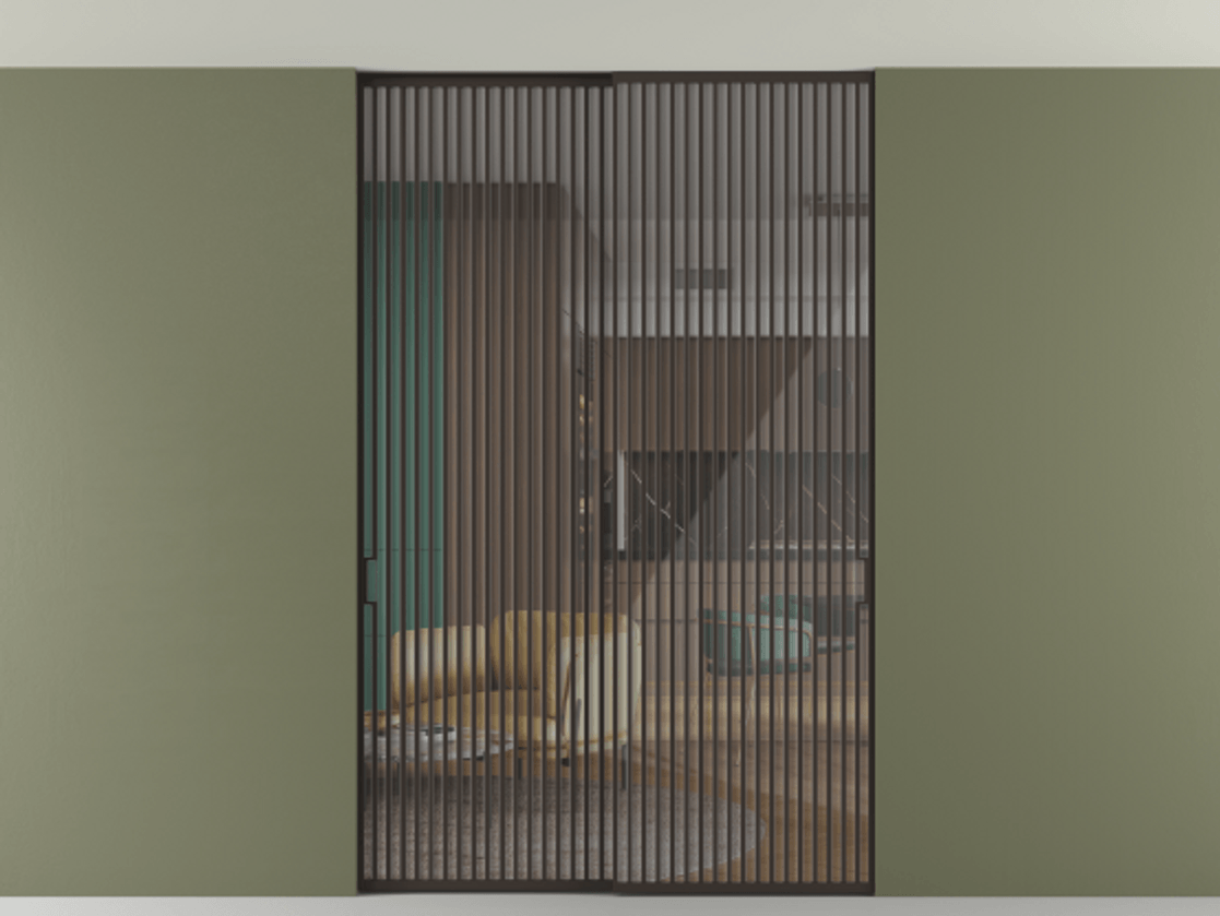 Перегородка Формато внутри проёма скрытое крепление в потолок 2 створки АЛПР 040.06 Алюминий антрацит Рефлективное прозрачное стекло "Стопсол", калёное Цена 105787360 so'm | Volhovec