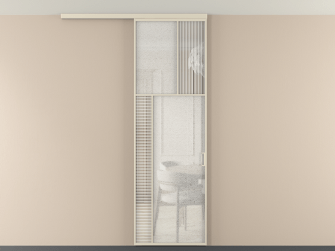 Перегородка Мозаик вдоль стены на потолок 1 створка АЛПР 041.22 Алюминий бежево-серый Рифлёное стекло "Дюна", триплекс, 6 мм + Фактурное стекло "Лёд", триплекс Цена 29037120 so'm | Volhovec