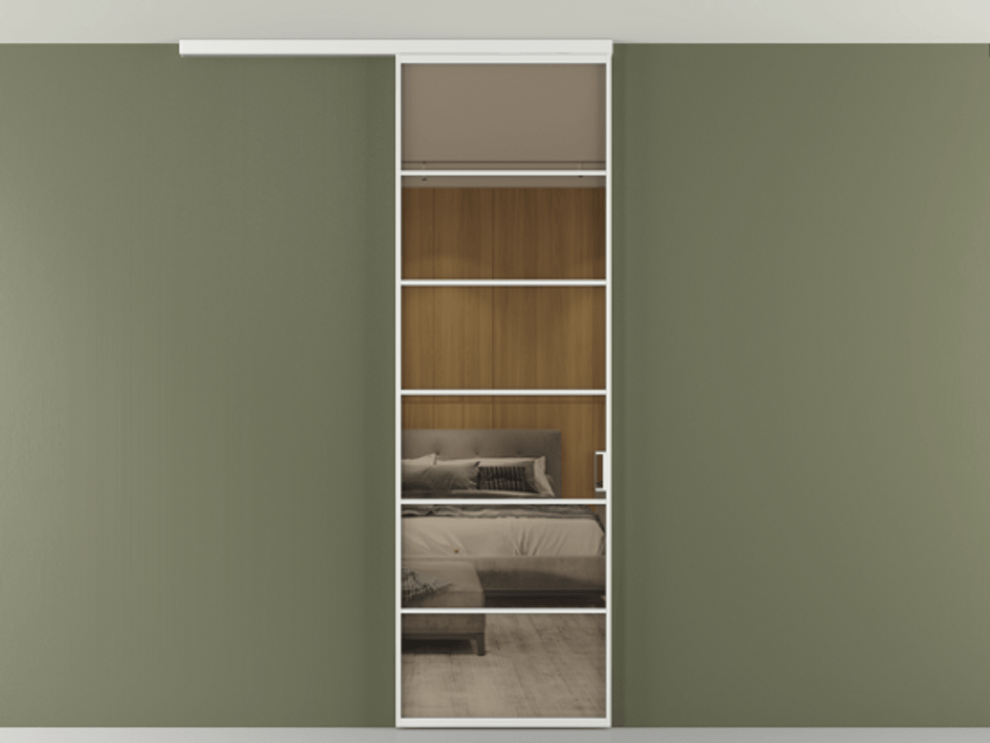 Перегородка Формато вдоль стены на потолок 1 створка АЛПР 040.04 Алюминий белоснежный Рефлективное бронзовое стекло "Стопсол", калёное Цена 23193160 so'm | Volhovec