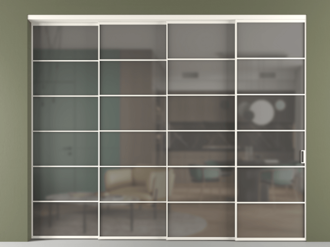 Перегородка Формато внутри проёма 4 створки с синхронным механизмом АЛПР 040.04 Алюминий пудровый белый Сатинированное серое стекло, триплекс. Цена 99202040 so'm 1. Полотно 4 шт. (800/2100 мм)
2. Комплект установки раздвижной системы
3. Базовый комплект фурнитуры
4. Комплект фурнитуры телескопик синхро-3
5. Ручка Рондо. Фабрика дверей Волховец 8 (800) 551 43 19 Перегородка Формато внутри проёма 4 створки с синхронным механизмом АЛПР 040.04 Алюминий пудровый белый Сатинированное серое стекло, триплекс Цена 99202040 so'm | Volhovec