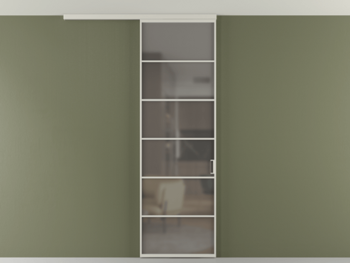 Перегородка Формато вдоль стены на потолок 1 створка АЛПР 040.04 Алюминий тёплый серый Сатинированное серое стекло, триплекс Цена 20968480 so'm | Volhovec