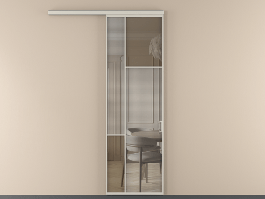 Перегородка Mosaic вдоль стены 1 створка АЛПР 041.11  Алюминий облачно-серый Декоративное стекло с сеткой "Mesh silver", триплекс, 6 мм + Прозрачное бронзовое стекло, триплекс Цена 29035090 so'm | Volhovec