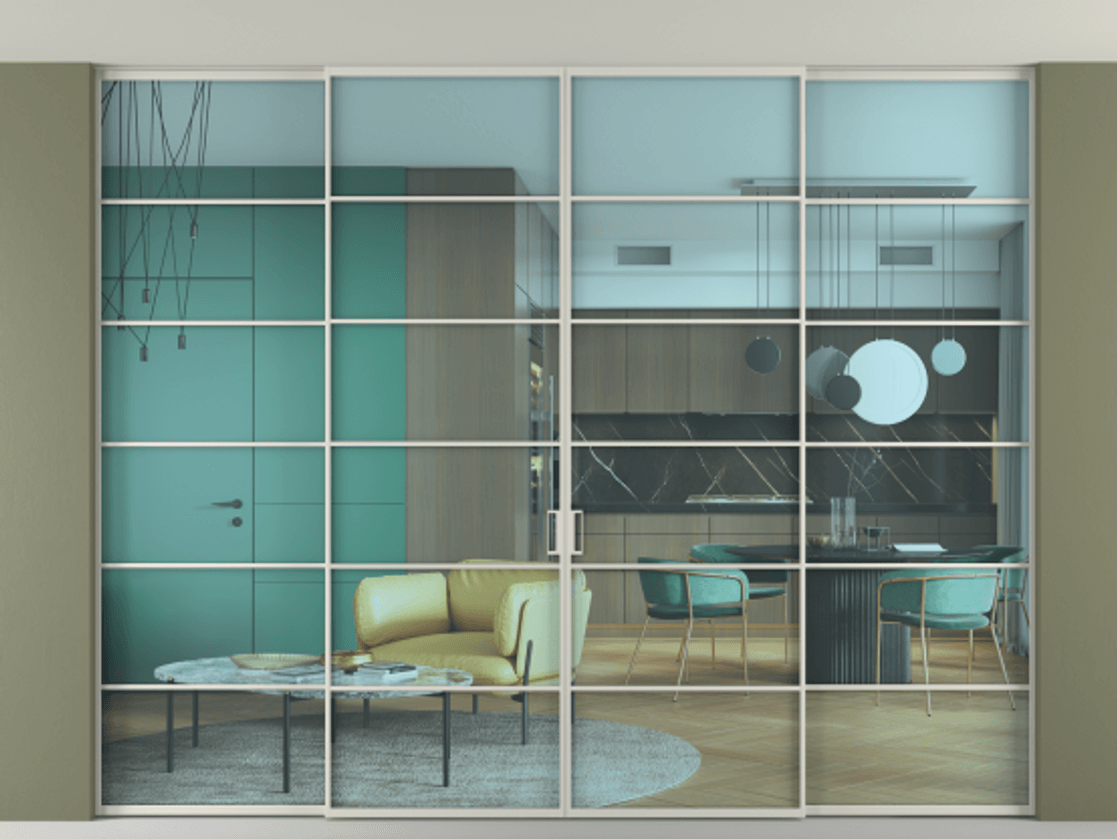 Перегородка Formato внутри проёма скрытое крепление в потолок 4 створки АЛПР 040.04 Алюминий тёплый серый Прозрачное голубое стекло, триплекс Цена 113164380 so'm | Volhovec